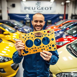 A golden Peugeot cylinder head gasket held by a smiling car mechanic inside a garage, surrounded by shiny Peugeot cars parked neatly next to him