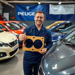 A golden Peugeot cylinder head gasket held by a smiling car mechanic inside a garage, surrounded by shiny Peugeot cars parked neatly next to him
