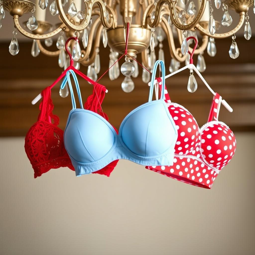 Three unique bras, each in a different style and color, hanging delicately from an ornate chandelier