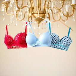 Three unique bras, each in a different style and color, hanging delicately from an ornate chandelier