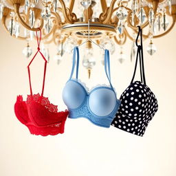 Three unique bras, each in a different style and color, hanging delicately from an ornate chandelier