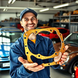 A golden Peugeot 406 cylinder head gasket held in the hands of a smiling car mechanic inside a bustling garage