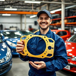 A golden Peugeot 406 cylinder head gasket held in the hands of a smiling car mechanic inside a bustling garage