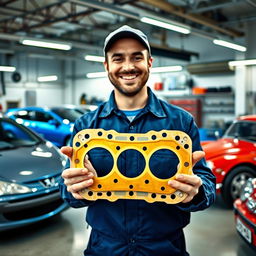 A golden Peugeot 406 cylinder head gasket held in the hands of a smiling car mechanic inside a bustling garage