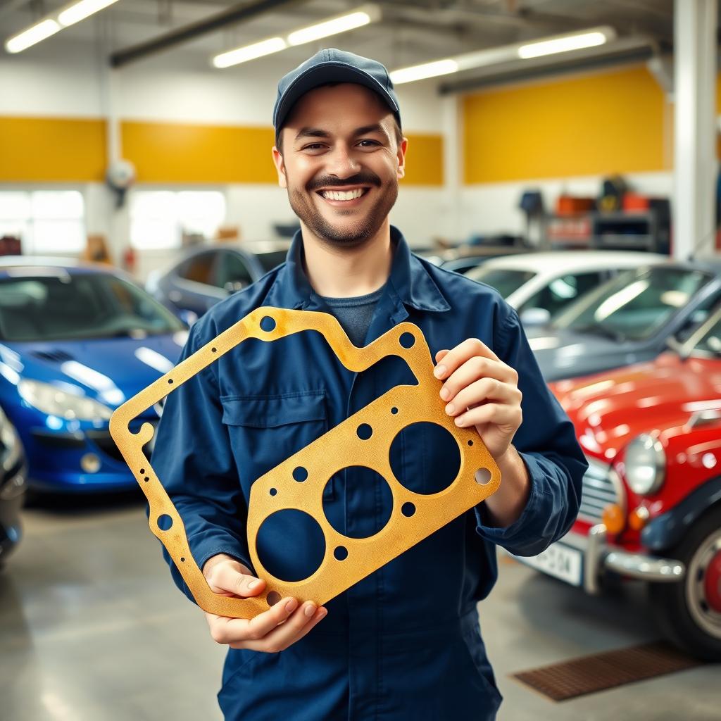 A golden Peugeot 406 cylinder head gasket held in the hands of a smiling car mechanic inside a bustling garage