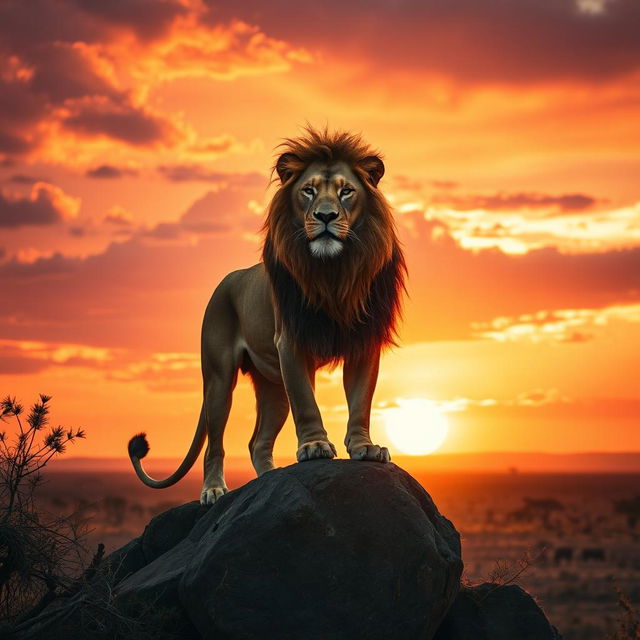 A majestic golden lion standing proudly on a rocky outcrop during sunset, with a vibrant sky painted in hues of orange, pink, and purple