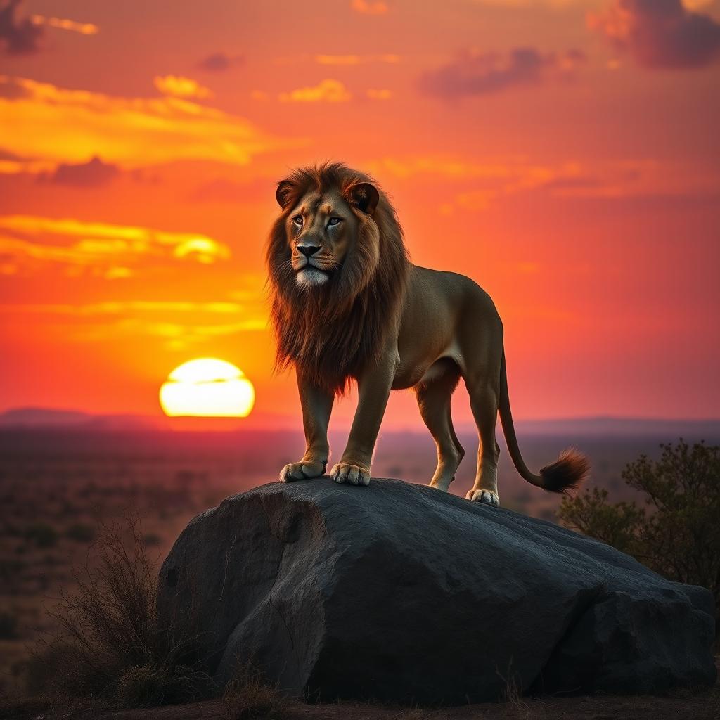 A majestic golden lion standing proudly on a rocky outcrop during sunset, with a vibrant sky painted in hues of orange, pink, and purple