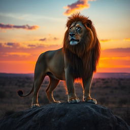 A majestic golden lion standing proudly on a rocky outcrop during sunset, with a vibrant sky painted in hues of orange, pink, and purple