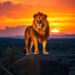 A majestic golden lion standing proudly on a rocky outcrop during sunset, with a vibrant sky painted in hues of orange, pink, and purple