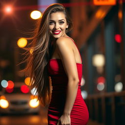 A sexy woman with long flowing hair, wearing a stylish, form-fitting red dress that accentuates her curves