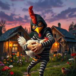 A mischievous chicken thief wearing a bandit mask and striped outfit, sneakily carrying a plump chicken under one arm