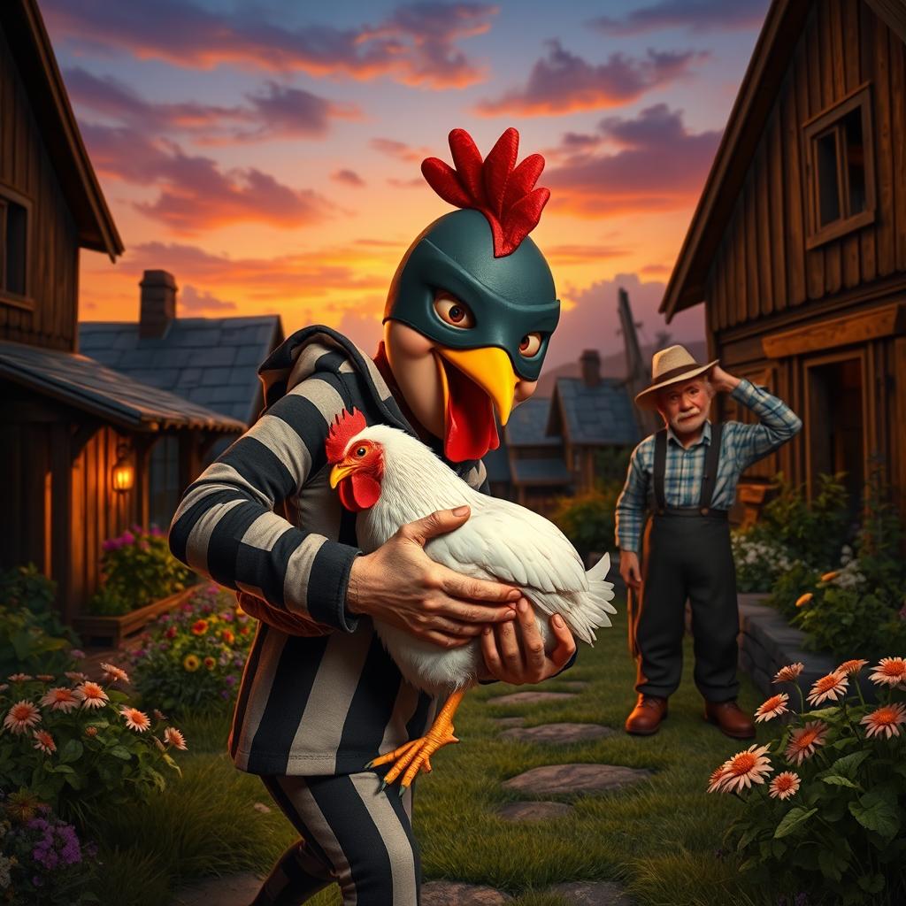 A mischievous chicken thief wearing a bandit mask and striped outfit, sneakily carrying a plump chicken under one arm