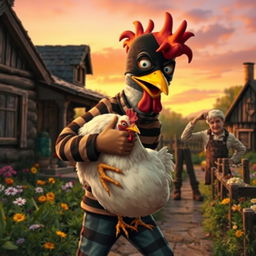 A mischievous chicken thief wearing a bandit mask and striped outfit, sneakily carrying a plump chicken under one arm