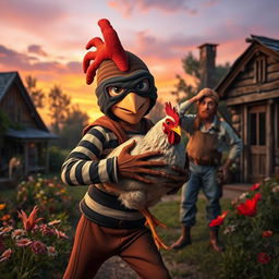 A mischievous chicken thief wearing a bandit mask and striped outfit, sneakily carrying a plump chicken under one arm