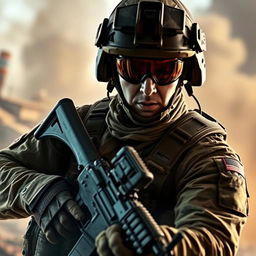 A soldier in a dynamic action pose, wearing modern tactical gear, including a camouflage uniform with a helmet and protective eyewear