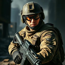 A soldier in a dynamic action pose, wearing modern tactical gear, including a camouflage uniform with a helmet and protective eyewear