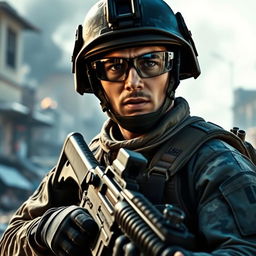 A soldier in a dynamic action pose, wearing modern tactical gear, including a camouflage uniform with a helmet and protective eyewear