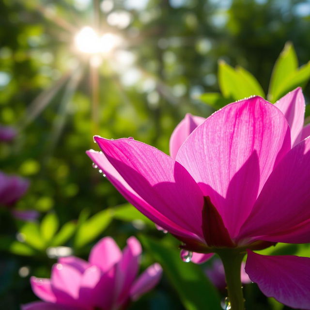 A close-up artistic depiction of a vibrant, colorful flower blooming, with intricate petals showcasing various shades of pink and lavender, set against a soft focus natural background filled with lush greenery