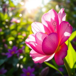 A close-up artistic depiction of a vibrant, colorful flower blooming, with intricate petals showcasing various shades of pink and lavender, set against a soft focus natural background filled with lush greenery