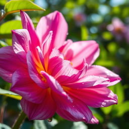 A close-up artistic depiction of a vibrant, colorful flower blooming, with intricate petals showcasing various shades of pink and lavender, set against a soft focus natural background filled with lush greenery