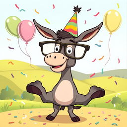 A whimsical and colorful illustration of a cartoon animal version of an 'asshole', depicted as a playful donkey wearing oversized glasses and a party hat, surrounded by confetti and balloons, in a light-hearted and exaggerated cartoon style