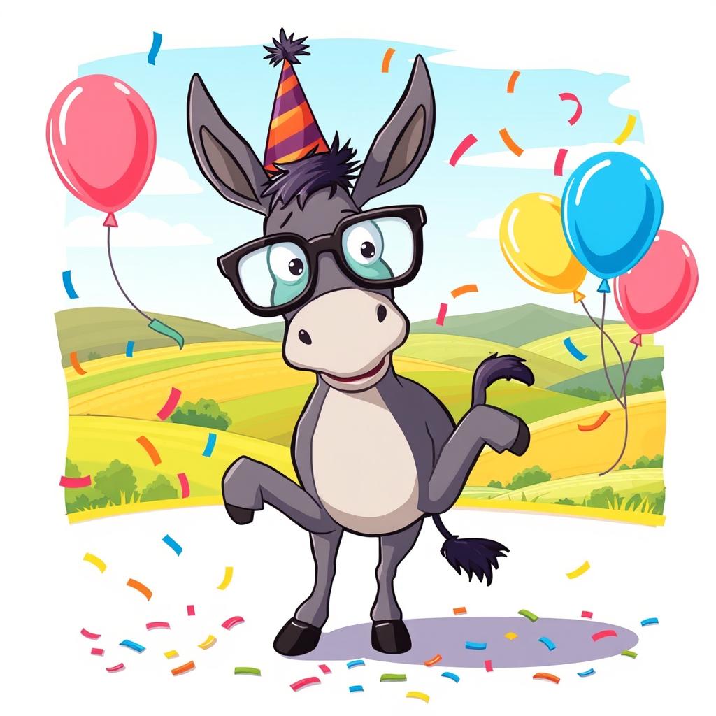 A whimsical and colorful illustration of a cartoon animal version of an 'asshole', depicted as a playful donkey wearing oversized glasses and a party hat, surrounded by confetti and balloons, in a light-hearted and exaggerated cartoon style