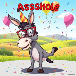 A whimsical and colorful illustration of a cartoon animal version of an 'asshole', depicted as a playful donkey wearing oversized glasses and a party hat, surrounded by confetti and balloons, in a light-hearted and exaggerated cartoon style