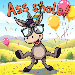 A whimsical and colorful illustration of a cartoon animal version of an 'asshole', depicted as a playful donkey wearing oversized glasses and a party hat, surrounded by confetti and balloons, in a light-hearted and exaggerated cartoon style