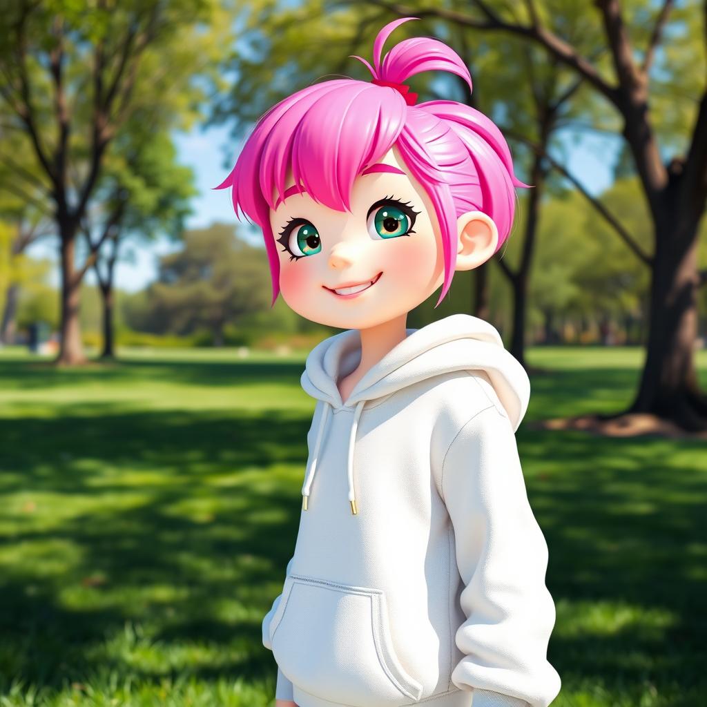 A full-body realistic image of a puff white girl with vibrant pink hair, wearing a cozy white hoodie