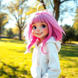A full-body realistic image of a puff white girl with vibrant pink hair, wearing a cozy white hoodie