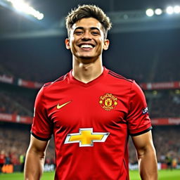 A portrait of Matheus Cunha, the Brazilian footballer, celebrating his signing with Manchester United, prominently wearing the 2024/2025 Manchester United jersey