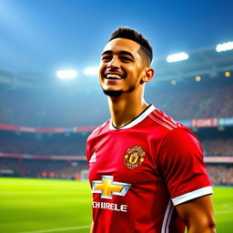 A portrait of Matheus Cunha, the Brazilian footballer, celebrating his signing with Manchester United, prominently wearing the 2024/2025 Manchester United jersey