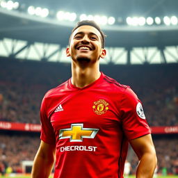 A portrait of Matheus Cunha, the Brazilian footballer, celebrating his signing with Manchester United, prominently wearing the 2024/2025 Manchester United jersey