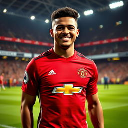 A portrait of Matheus Cunha, the Brazilian footballer, celebrating his signing with Manchester United, prominently wearing the 2024/2025 Manchester United jersey