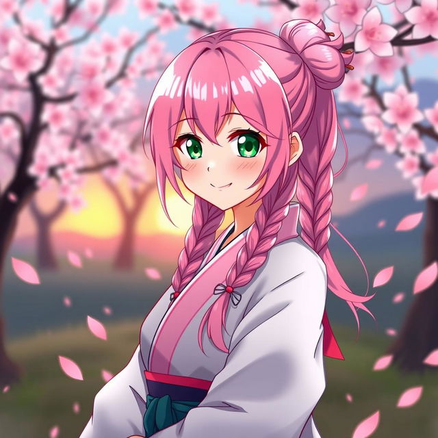 A beautiful anime character inspired by a fantasy theme, featuring long, vibrant pink hair styled in twin braids, bright green eyes filled with determination, and traditional Japanese clothing that showcases elegance and strength