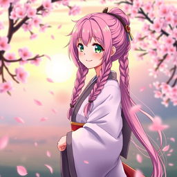 A beautiful anime character inspired by a fantasy theme, featuring long, vibrant pink hair styled in twin braids, bright green eyes filled with determination, and traditional Japanese clothing that showcases elegance and strength