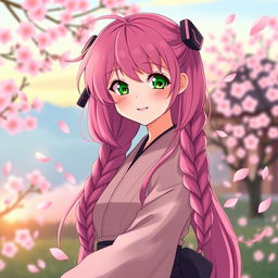 A beautiful anime character inspired by a fantasy theme, featuring long, vibrant pink hair styled in twin braids, bright green eyes filled with determination, and traditional Japanese clothing that showcases elegance and strength