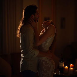 An intimate scene featuring a couple passionately kissing in a dimly lit room