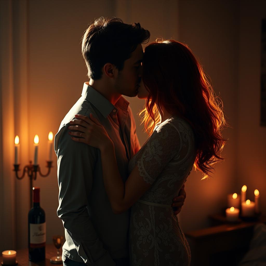 An intimate scene featuring a couple passionately kissing in a dimly lit room