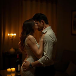 An intimate scene featuring a couple passionately kissing in a dimly lit room