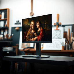 A modern monitor displaying a famous painting by Leonardo da Vinci, with rich colors and detailed brushwork