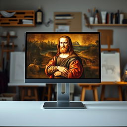 A modern monitor displaying a famous painting by Leonardo da Vinci, with rich colors and detailed brushwork