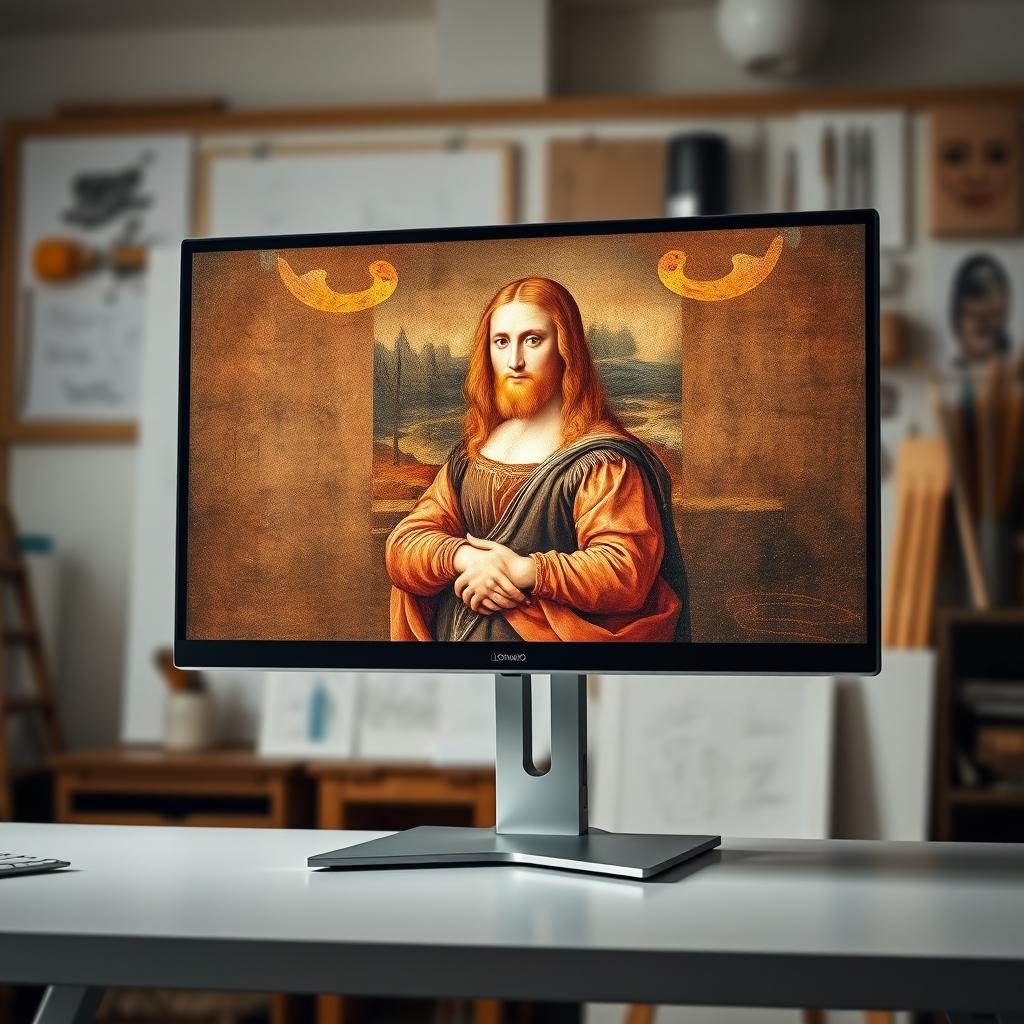 A modern monitor displaying a famous painting by Leonardo da Vinci, with rich colors and detailed brushwork