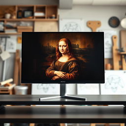 A modern monitor displaying a famous painting by Leonardo da Vinci, with rich colors and detailed brushwork
