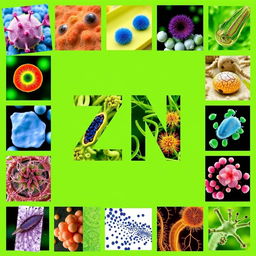 A vibrant green background adorned with various biological photos, such as close-up images of cells, plants, and microorganisms, artistically arranged to create an engaging composition