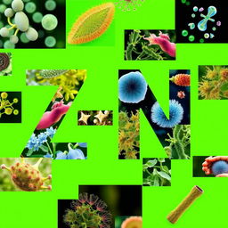 A vibrant green background adorned with various biological photos, such as close-up images of cells, plants, and microorganisms, artistically arranged to create an engaging composition