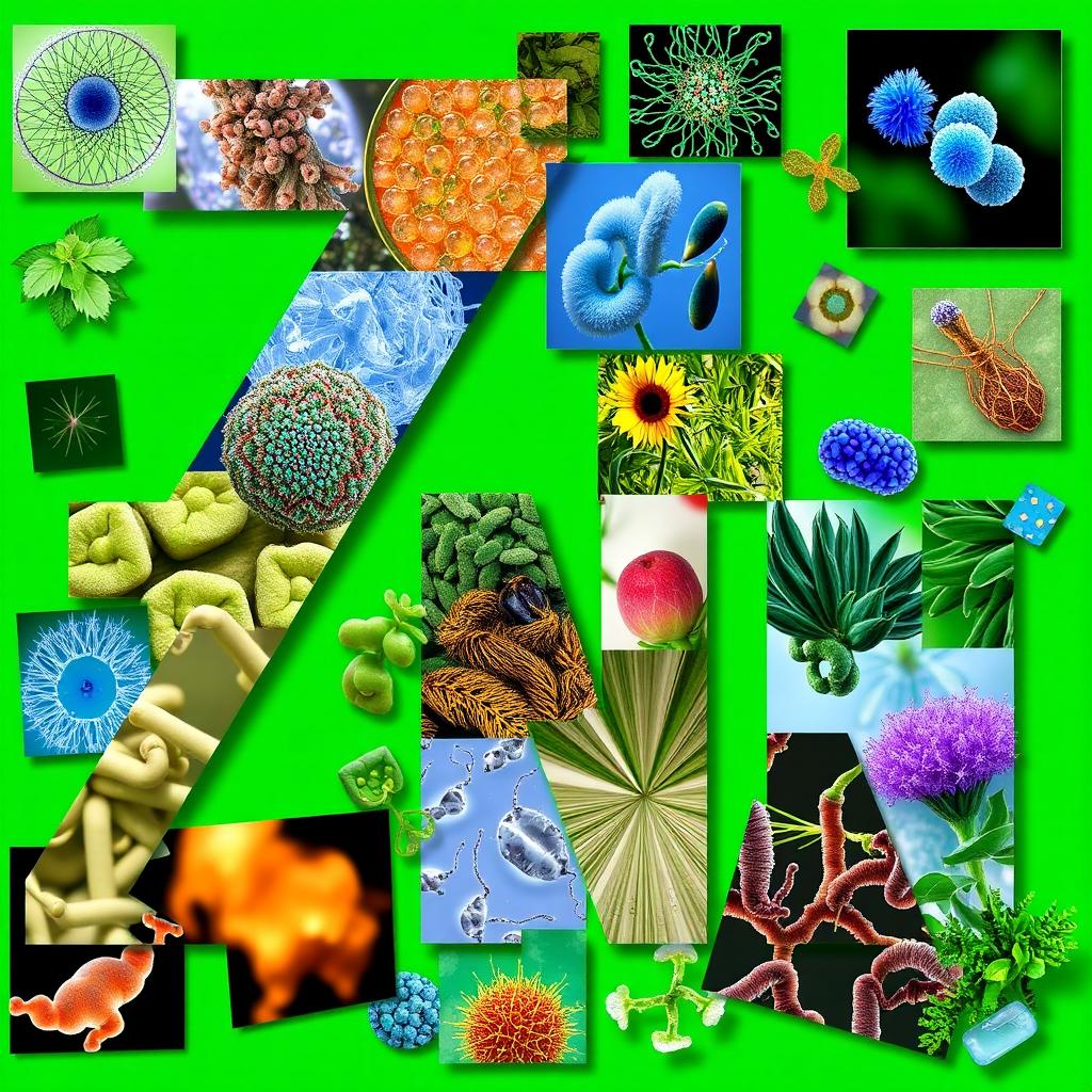 A vibrant green background adorned with various biological photos, such as close-up images of cells, plants, and microorganisms, artistically arranged to create an engaging composition
