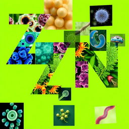 A vibrant green background adorned with various biological photos, such as close-up images of cells, plants, and microorganisms, artistically arranged to create an engaging composition