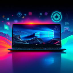 An inspirational gaming-themed wallpaper featuring a sleek and modern laptop displaying the Windows logo prominently