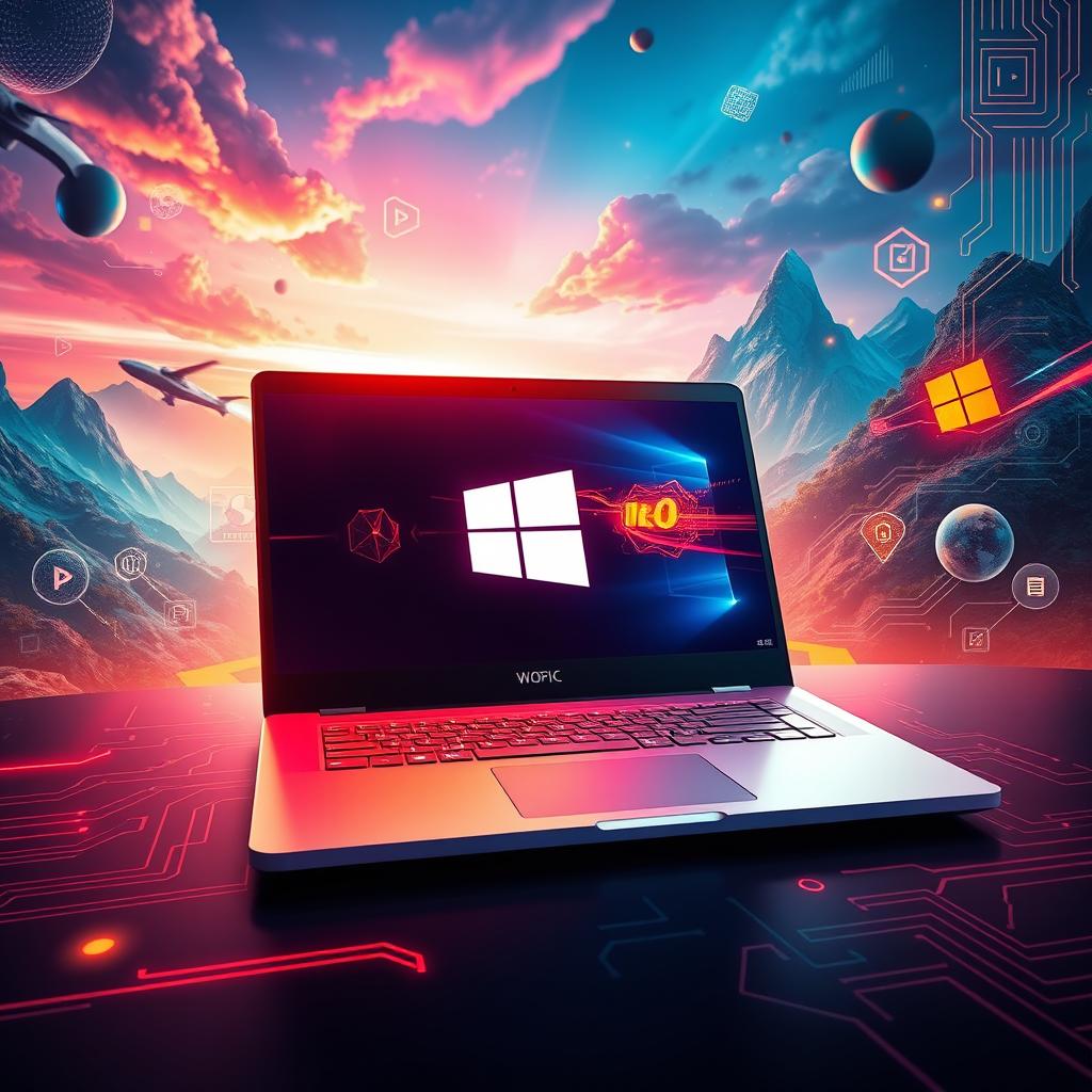 An inspirational gaming-themed wallpaper featuring a sleek and modern laptop displaying the Windows logo prominently